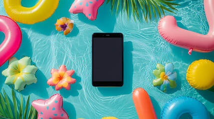 Poster - Summer vacation background, smartphone mockup with blank screen surrounded by inflatable pool floats