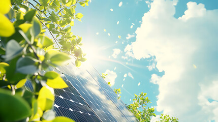 Poster - Sunny sky over solar panels and green trees, showcasing clean energy and sustainable development in harmony with nature, innovative and eco friendly solution for a carbon neutral future