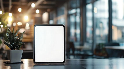 Fototapete - Tablet computer with blank screen on blurred office background, copy space