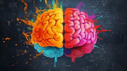 Aufkleber - Colorful brain hemispheres with paint splashes against a blackboard.