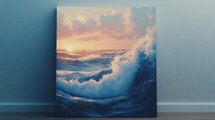 Aufkleber - The canvas is white and shows waves against the background of a sunset, 3d rendering