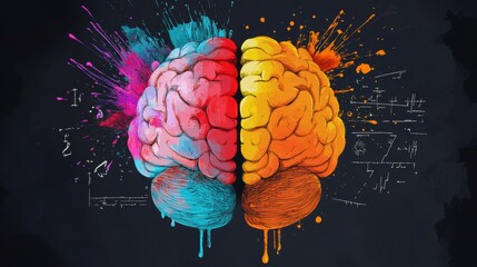Aufkleber - Colorful brain hemispheres with paint splatters and mathematical equations.