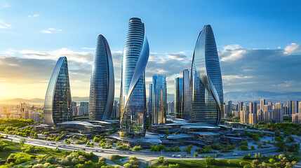 Aufkleber - The city of the future with futuristic glass buildings of unusual shapes, modern architecture of towers and skyscrapers