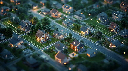 Fototapete - The communication network between the houses of the city is shown schematically on the map, 3d rendering