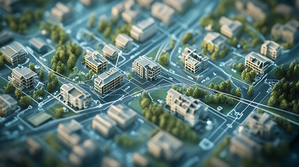 Fototapete - The communication network between the houses of the city is shown schematically on the map, 3d rendering