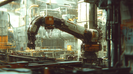 Aufkleber - The concept of a smart factory, an industrial machine robot arm in a factory setting, the robot arm, a symbol of automation and advanced technology, is ready to perform tasks in manufacturing process