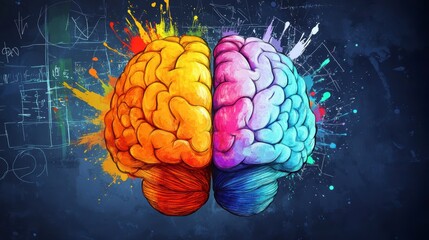 Aufkleber - Colorful human brain hemispheres, artistic rendering against a dark background with paint splatters and scientific diagrams.