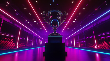 Poster - The e-sports winner trophy standing on the stage in the middle of the arena with neon lights background