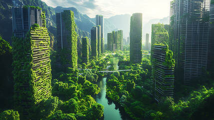 Aufkleber - Theآ green cityآ of theآ future, spectacular eco-futuristic cityscape esg concept full with greenery, skyscrapers, park