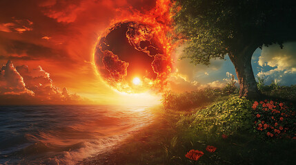 Wall Mural - the harsh reality of climate change, featuring a burning globe under a fiery red sky on one side, co