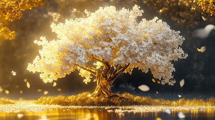Poster - The golden tree in 3d with white flowers