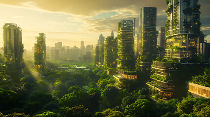 Aufkleber - Theآ green cityآ of theآ future, spectacular eco-futuristic cityscape esg concept full with greenery, skyscrapers, park