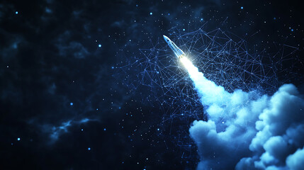 Aufkleber - The launch of the rocket with clouds of smoke from the earth, low poly style design, abstract geometric background, wireframe light connection structure, modern graphic concept, isolated