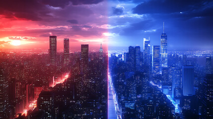 Aufkleber - The nighttime modern city is divided into two parts by blue and red light, 3d rendering