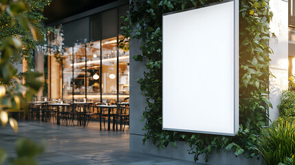 Fototapete - The white paper poster mockup displayed outside the restaurant building serves as a marketing and business concept