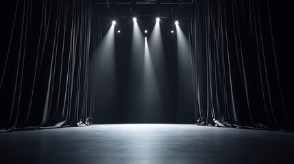 Poster - Theater stage with black curtains and spotlights background