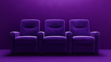 Poster - Three plush purple theater seats, a deep purple backdrop, a clear frame, a product shot, a wide shot, a square shot, a packshot, and no shadows