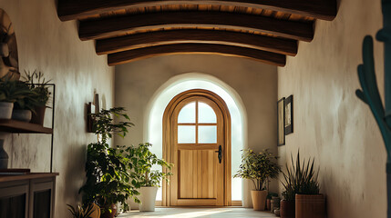 Poster - Timber beam ceiling and arched door in mediterranean style hallway, interior design of modern rustic entrance hall with door in farmhouse