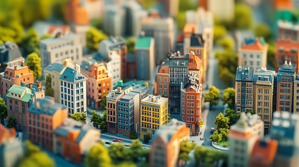 Leinwandbilder - Tilt-shift miniature-style photo of a colorful model cityscape with various buildings and trees, urban planning and architecture concept