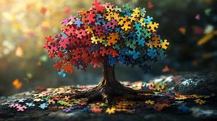 Aufkleber - Tree made of colorful puzzles