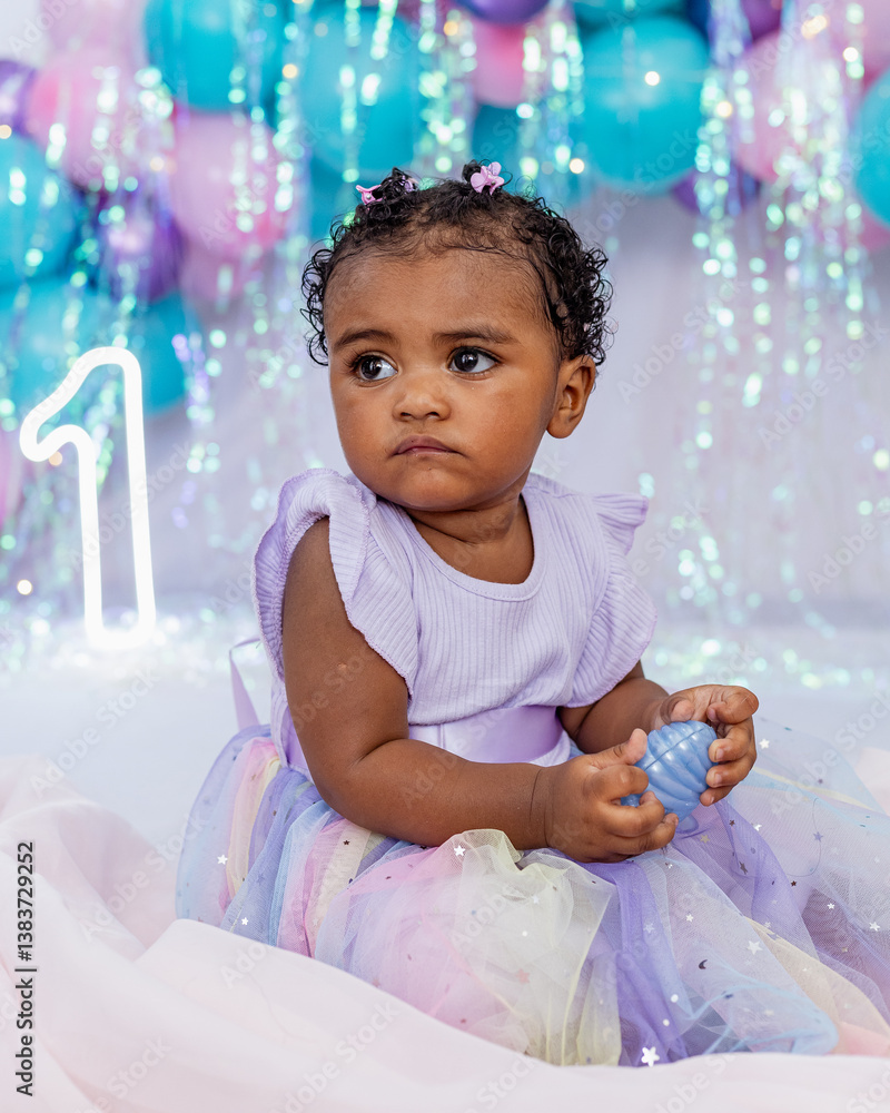 Beautiful baby, black girl, dressed as a princess celebrating her 1st  birthday on a beautiful background. African girl, Black baby. Brazil, Rio  de Janeiro Stock Photo | Adobe Stock, image size:800x1000