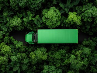 Poster - Green Revolution in Logistics Eco-Friendly Commercial Truck Navigating Lush Forest Canopy - Sustainable Transportation Transforming Freight Industry Towards Zero-Emission Future
