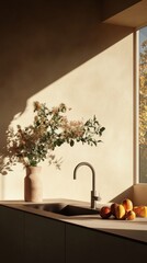 Poster - Minimalist Kitchen Sanctuary Warm Natural Light, Organic Styling and Soft Earthy Tones - Contemporary Wellness Design for Mindful Living Spaces
