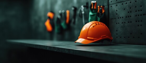 Poster - Industrial Safety Reimagined Sleek Orange Construction Helmet Showcasing Modern Workplace Protection, Precision Engineering, and Advanced Risk Management Strategies