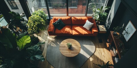 Aufkleber - Urban Biophilic Living Luxe Contemporary Interior with Sunlit Orange Sofa, Indoor Plants, and Minimalist Wood Design - Wellness-Driven Urban Sanctuary Concept