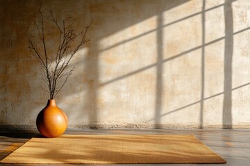 Aufkleber - Minimalist Wabi-Sabi Aesthetic Sunlit Ceramic Vase with Bare Branches on Warm Wood - Contemporary Interior Design Capturing Tranquil Organic Simplicity