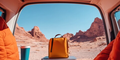 Poster - Nomadic Worklife Revolution Minimalist Van Interior Reveals Epic Desert Workspace with Cutting-Edge Mobility Design for Remote Professionals and Digital Creatives