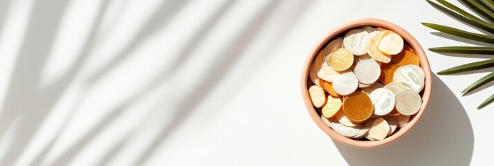 Aufkleber - Minimalist Financial Wellness Terracotta Bowl of Golden and Silver Coins with Soft Shadow Play - Modern Micro-Saving Aesthetic for Digital Banking Strategies
