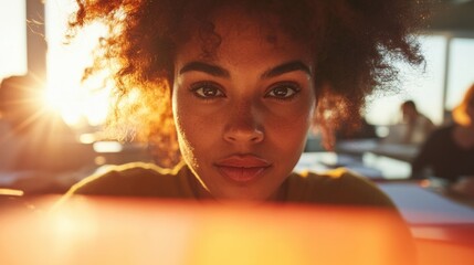 Poster - Golden Hour Empowerment Dynamic Professional Woman Illuminating Creative Workspace with Intense Focus and Entrepreneurial Confidence - Next-Gen Leadership Narrative