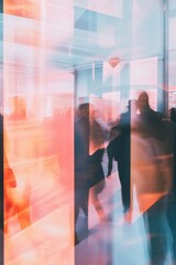 Fototapete - Dynamic Corporate Convergence Blurred Motion Networking in Modern Glass Architecture - Innovative Business Interaction for Collaborative Professional Transformation