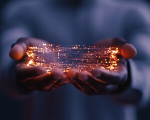 Fototapete - Immersive Digital Transformation Holographic Network Innovation Showcasing Futuristic AI Connectivity in Hands-On Professional Tech Visualization