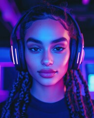 Poster - Gen Z Digital Soundscape Immersive Cyberpunk Aesthetic with Neon-Lit Wireless Headphones - Next-Gen Content Creator Portrait in Vibrant Tech Lifestyle Setting