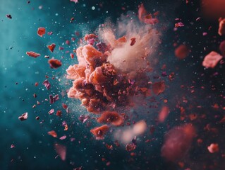 Poster - Molecular Explosion Cinematic High-Speed Scientific Visualization of Dynamic Fluid Fragmentation in Rich Coral and Teal Macro Aesthetic