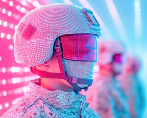 Fototapete - Cybernetic Fusion Next-Gen AI Wearable Technology Visualizing Immersive Digital Landscapes in Neon-Pixelated Future-Forward Design
