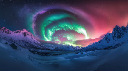 Wall Mural - spectacular aurora borealis over snowy mountains landscape at night view