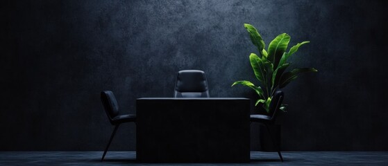 Poster - Dark Minimalist Leadership Sanctuary Biophilic Office Design with Urban Industrial Aesthetic - Empowering Professional Workspace Transformation