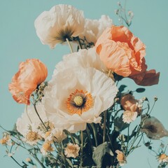 Poster - Soft Pastel Botanical Dreamscape Delicate Poppy Arrangement in Tranquil Teal - Minimalist Floral Art for Wellness Branding and Mindful Design Inspiration