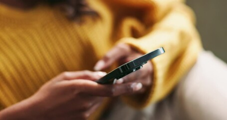 Aufkleber - Phone, hands and girl in house with social media, chat or website, scroll or contact communication. Smartphone, check and person in living room with job search app, sign up or recruitment newsletter