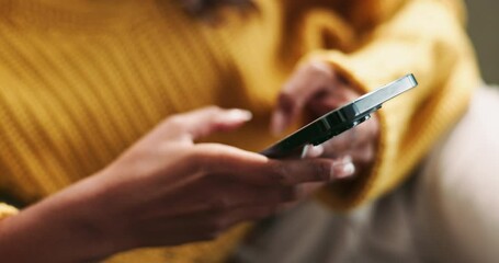 Fototapete - Phone, hands and woman in house with social media, chat or website, scroll or contact communication. Smartphone, check and person in living room with job search app, sign up or recruitment newsletter