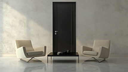 Fototapete - Two beige lounge chairs near black coffee table in room with door, minimalist interior design of modern living room