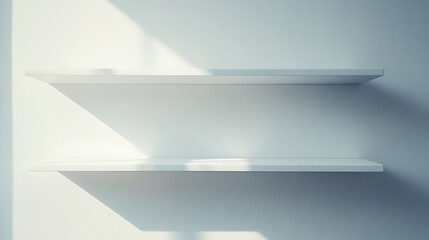 Poster - Two empty white shelves on a clean white wall, representing a minimalist retail display