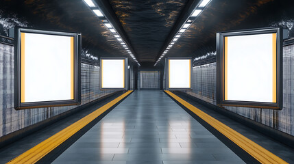 Poster - Underground metro interior with four blank billboards for advertisements, public transport