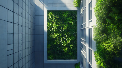 Poster - Vertical garden with diverse plants on a modern wall, showcasing urban greenery