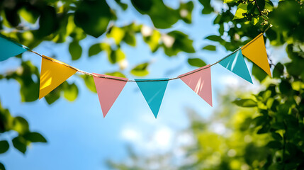 Poster - Vibrant summer celebration colorful pennant string decoration swinging amidst green tree foliage, against blue skyfestive banner with copy space