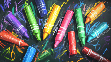 Poster - Vibrant crayons on blackboard back to school drawingcolorful and engaging school concept