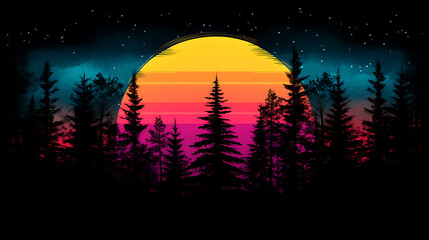 Aufkleber - Vibrant sunset synthwave t-shirt design on pure black backgroundtropical sunset with trees